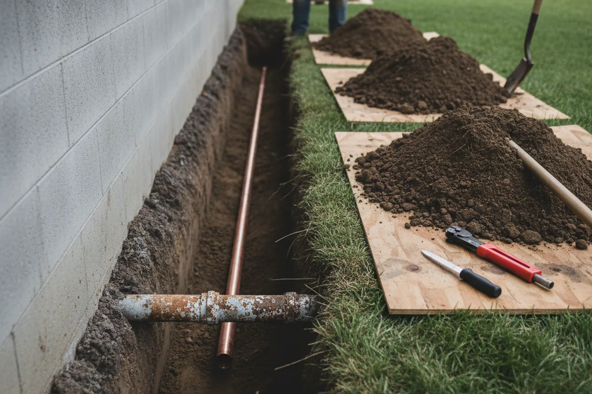 Excavated water line trench during Water Heater Repair in Saxapahaw